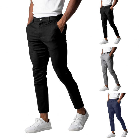 Comfortable Solid Color Pants Elegant Slim Fit Men's Business Trousers With Elastic Waist Button Closure Pockets